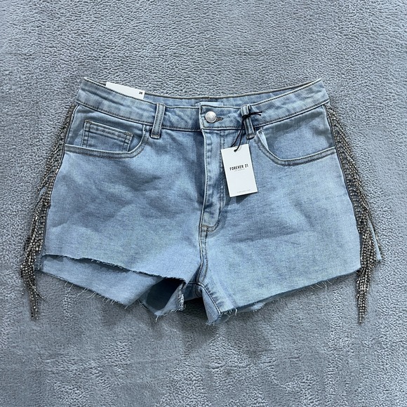 Forever 21 Shorts 28 Rhinestone Crystal Fringe‎ Denim Jean Cutoff Light Wash Y2K - Picture 1 of 10
